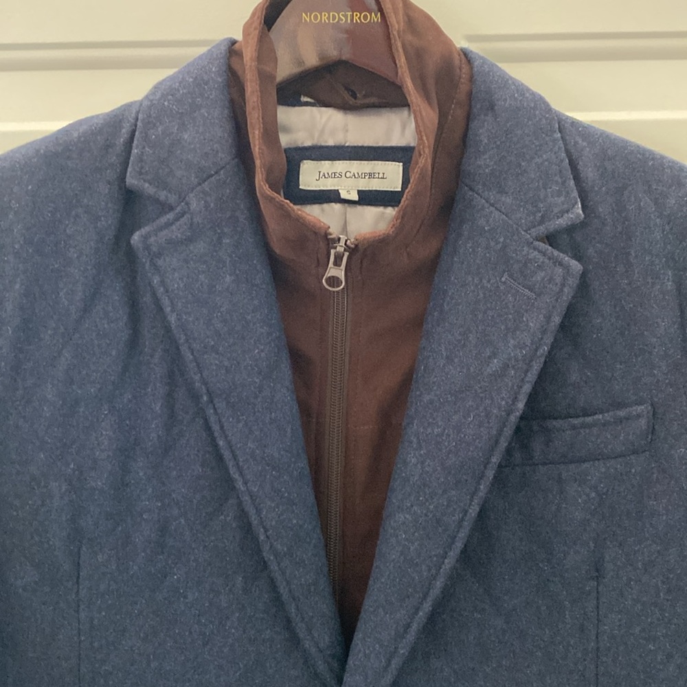 James Campbell Navy Wool Sportscoat Brown Elbow Patches & Removable Bibb. Small